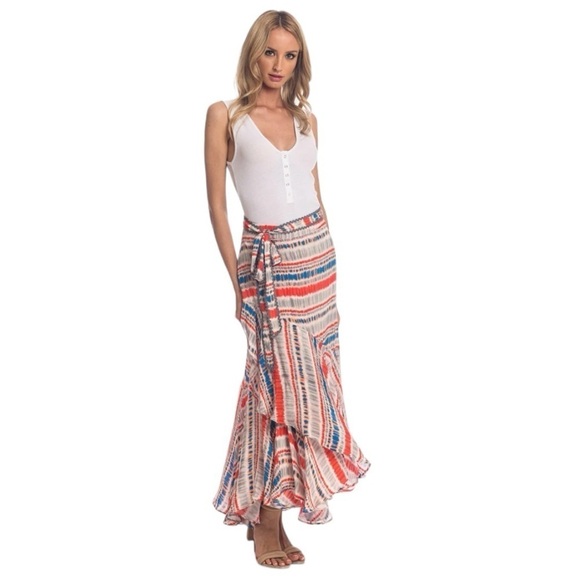 Tolani Boho Ruffle Tiered Asymmetrical Maxi Skirt Gray Orange Blue Size Large - Picture 3 of 16